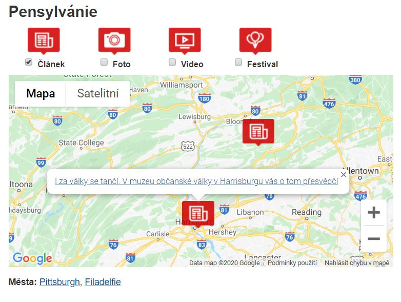 Interaktivní mapa vybraného státu (zde vyobrazení výpisu článků).
